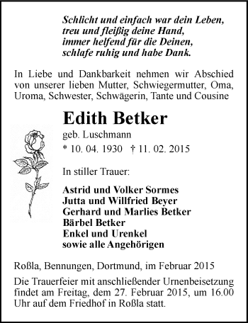 Traueranzeige von Edith Betker von Mitteldeutsche Zeitung Sangerhausen