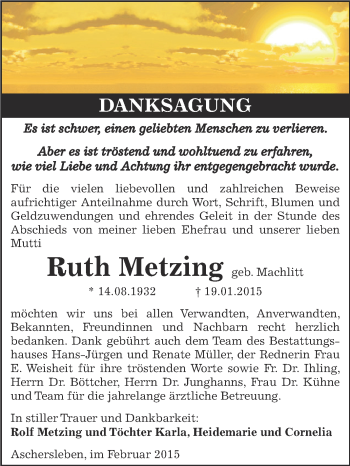 Traueranzeige von Ruth Metzing von Super Sonntag Aschersleben