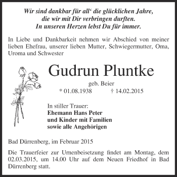 Traueranzeige von Gudrun Pluntke von Super Sonntag Merseburg