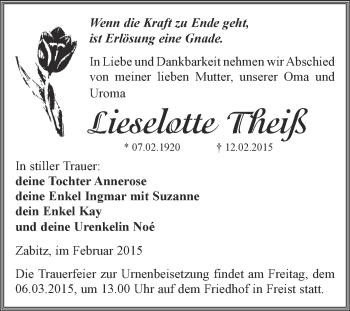 Traueranzeige von Lieselotte Theiß von Wochenspiegel Mansfelder Land