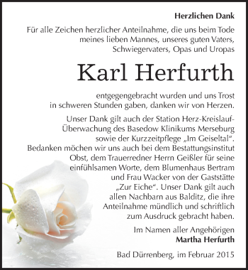 Traueranzeige von Karl Herfurth von Mitteldeutsche Zeitung Merseburg/Querfurt