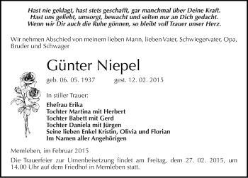 Traueranzeige von Günter Niepel von Mitteldeutsche Zeitung Naumburg/Nebra