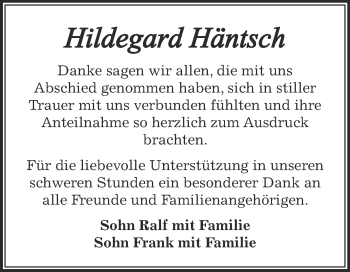 Traueranzeige von Hildegard Häntsch von Super Sonntag Bernburg