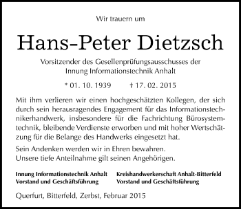 Traueranzeige von Hans-Peter Dietzsch von Mitteldeutsche Zeitung Merseburg/Querfurt