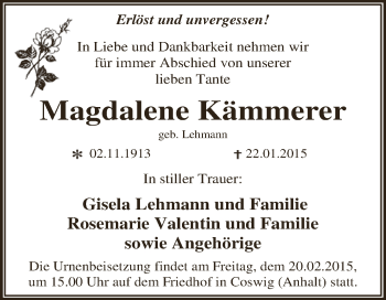 Traueranzeige von Magdalene Kämmerer von WVG - Wochenspiegel Dessau / Köthen