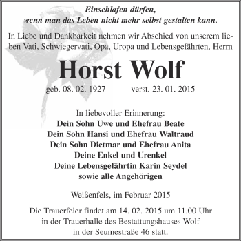 Traueranzeige von Horst Wolf von WVG - Wochenspiegel NMB / WSF / ZTZ