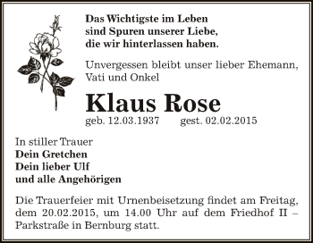 Traueranzeige von Klaus Rose von Super Sonntag Bernburg