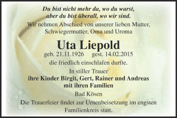Traueranzeige von Uta Liepold von WVG - Wochenspiegel NMB / WSF / ZTZ