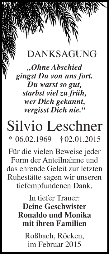 Traueranzeige von Silvio Leschner von Super Sonntag Merseburg