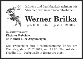 Traueranzeige von Werner Brilka von Super Sonntag Bernburg