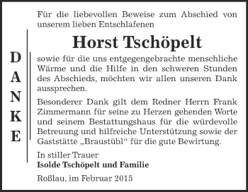 Traueranzeige von Horst Tschöpelt von WVG - Wochenspiegel Dessau / Köthen