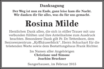 Traueranzeige von Rosina Milde von Super Sonntag SGH Mansf. Land