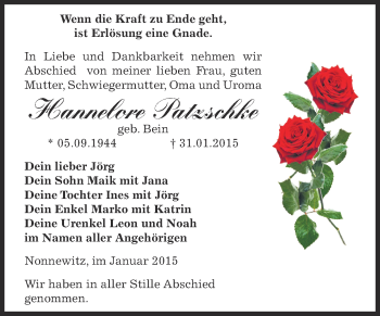 Traueranzeige von Hannelore Paatzschke von Super Sonntag Zeitz