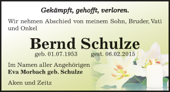 Traueranzeige von Bernd Schulze von Mitteldeutsche Zeitung Zeitz
