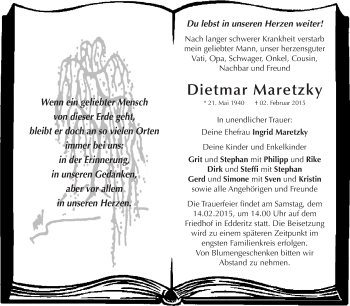 Traueranzeige von Dietmar Maretzky von WVG - Wochenspiegel Dessau / Köthen