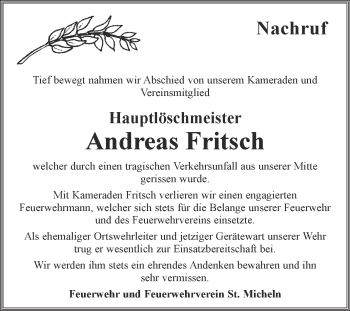Traueranzeige von Andreas Fritsch von WVG - Wochenspiegel Merseburg