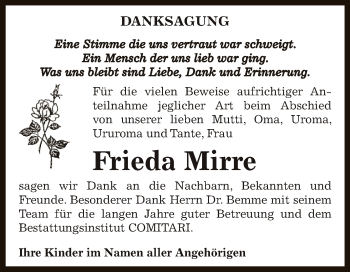 Traueranzeige von Frieda Mirre von Super Sonntag Zeitz
