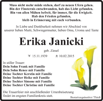 Traueranzeige von Erika Janicki von Mitteldeutsche Zeitung Quedlinburg