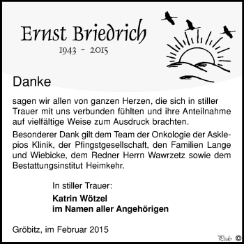 Traueranzeige von Ernst Briedrich von WVG - Wochenspiegel NMB / WSF / ZTZ