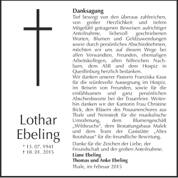 Traueranzeige von Lothar Ebeling von WVG - Wochenspiegel Quedlinburg