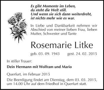 Traueranzeige von Rosemarie Litke von Mitteldeutsche Zeitung Merseburg/Querfurt