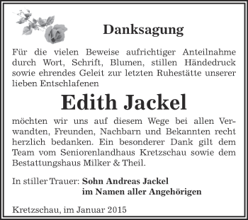 Traueranzeige von Edith Jackel von Super Sonntag Zeitz
