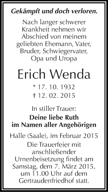 Traueranzeige von Erich Wenda von Mitteldeutsche Zeitung Halle/Saalkreis