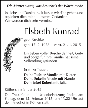 Traueranzeige von Elsbeth Konrad von WVG - Wochenspiegel Dessau / Köthen