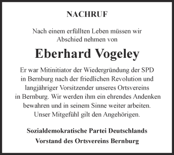 Traueranzeige von Eberhard Vogeley von Super Sonntag Bernburg