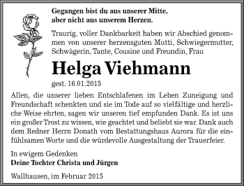 Traueranzeige von Helga Viehmann von Mitteldeutsche Zeitung Sangerhausen