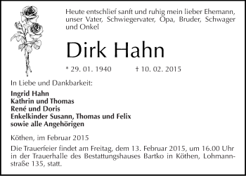 Traueranzeige von Dirk Hahn von Mitteldeutsche Zeitung Köthen
