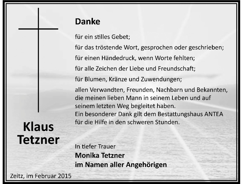  Traueranzeige für Klaus Tetzner vom 14.02.2015 aus Mitteldeutsche Zeitung Zeitz