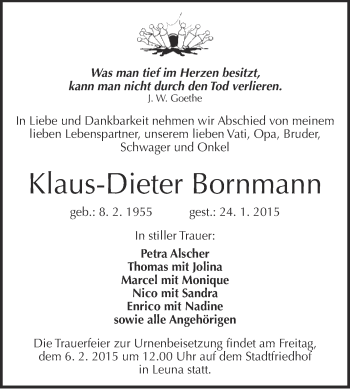Traueranzeige von Klaus-Dieter Bornmann von WVG - Wochenspiegel Merseburg