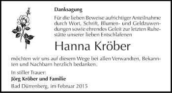 Traueranzeige von Hanna Kröber von Mitteldeutsche Zeitung Merseburg/Querfurt