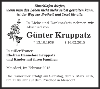 Traueranzeige von Günter Kruppatz von Super Sonntag Aschersleben