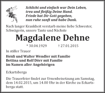 Traueranzeige von Magdalene Dehne von WVG - Wochenspiegel NMB / WSF / ZTZ