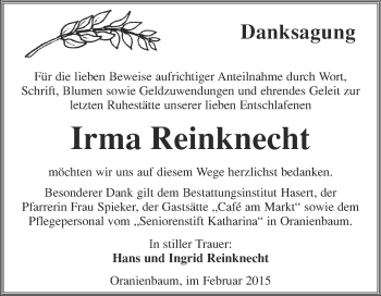 Traueranzeige von Irma Reinknecht von Super Sonntag Wittenberg