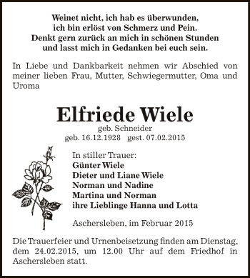 Traueranzeige von Elfriede Wiele von Super Sonntag Aschersleben
