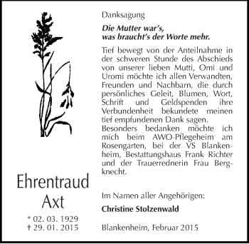 Traueranzeige von Ehrentraud Axt von Mitteldeutsche Zeitung Sangerhausen