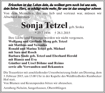 Traueranzeige von Sonja Tetzel von Super Sonntag SGH Mansf. Land