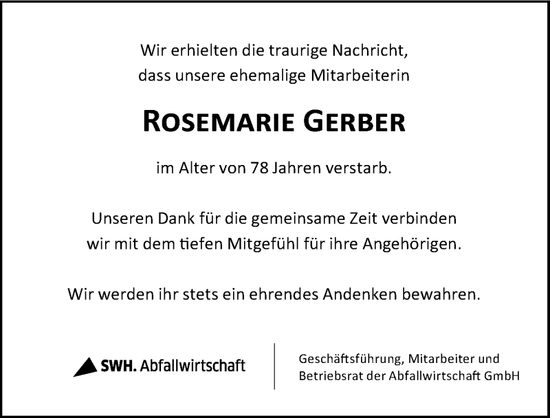  Traueranzeige für Rosemarie Gerber vom 10.02.2015 aus Mitteldeutsche Zeitung Halle/Saalkreis