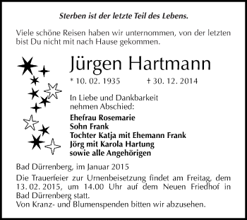Traueranzeige von Jürgen Hartmann von WVG - Wochenspiegel NMB / WSF / ZTZ