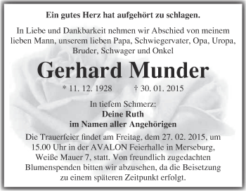 Traueranzeige von Gerhard Munder von WVG - Wochenspiegel Merseburg
