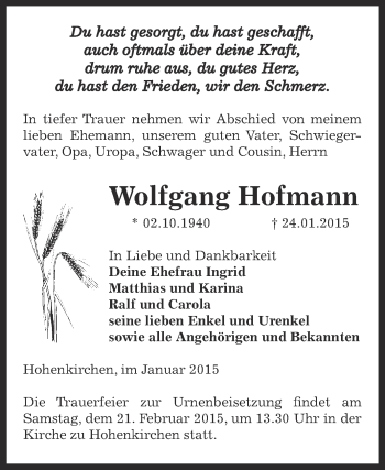 Traueranzeige von Wolfgang Hofmann von Super Sonntag Zeitz