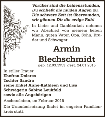 Traueranzeige von Armin Blechschmidt von Super Sonntag Aschersleben