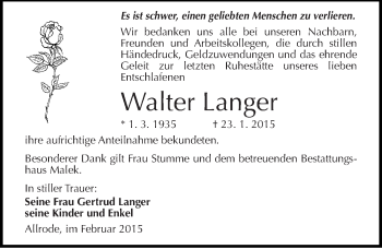 Traueranzeige von Walter Langer von Mitteldeutsche Zeitung Quedlinburg