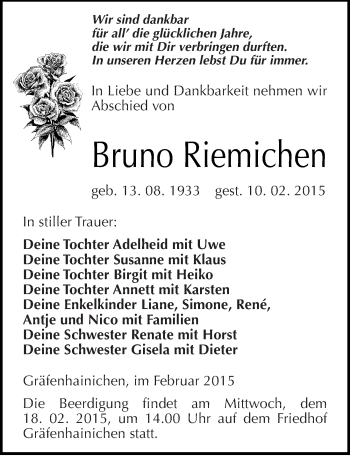 Traueranzeige von Bruno Riemichen von Mitteldeutsche Zeitung Wittenberg
