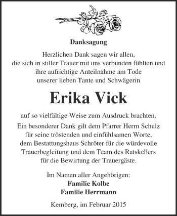 Traueranzeige von Erika Vick von Super Sonntag Wittenberg