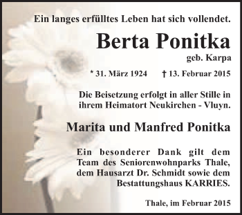 Traueranzeige von Berta Ponitka von WVG - Wochenspiegel Quedlinburg
