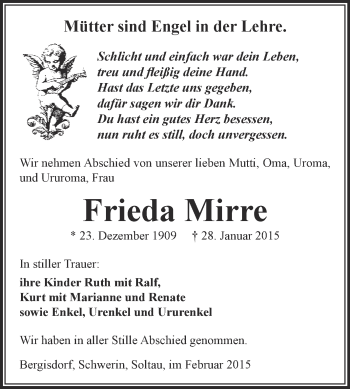 Traueranzeige von Frieda Mirre von Super Sonntag Zeitz